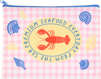 Eloy kosmetyczka z homarem, różowo-biała kratka, z czerwonym homarem i napisem 'PREMIUM SEAFOOD', widok z góry.