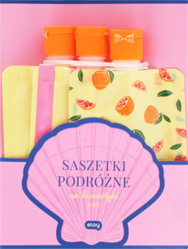 Eloy Ciao bella: 3 saszetki podróżne na kosmetyki. Różowe pudełko-muszla, w środku pomarańczowe butelki i etui z wzorem owoców.
