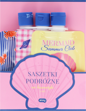 Eloy saszetki podróżne Mermaid 3 szt. w różowym opakowaniu z muszlą. Widoczne butelki i saszetki z motywami letnimi.