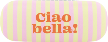 Eloy etui na okulary, podłużne, w różowo-żółte pionowe paski. Na środku pomarańczowy napis 'Ciao bella!'.
