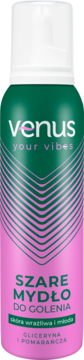 Puszka Venus Your Vibes Szare Mydło do Golenia z gliceryną i pomarańczą. Różowo-zielona, z białym korkiem, widok z przodu.