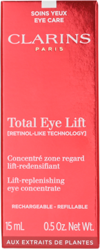 Czerwone pudełko Clarins Total Eye Lift, regenerujący krem pod oczy, retinol-like technologia, 15ml, widok z przodu.
