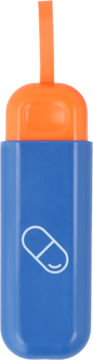 Eloy mini organizer na leki granatowy, z pomarańczowym uchwytem i białą ikoną tabletki. Pionowe ujęcie z przodu.