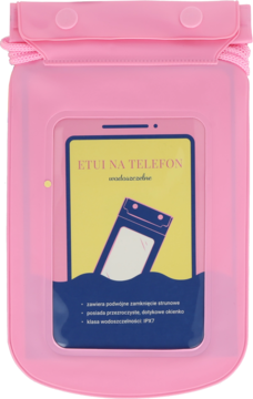 Różowe, wodoodporne etui Eloy na telefon z klapką, przeźroczystym dotykowym frontem. Widok z przodu.
