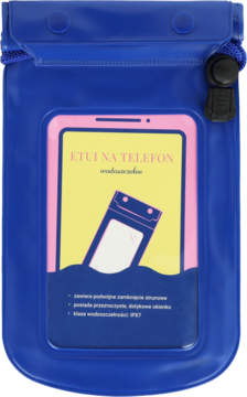 Granatowe wodoodporne etui Eloy na telefon, widok z przodu, z przezroczystym okienkiem i żółtym tłem.