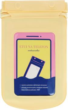 Eloy wodoodporne etui na telefon żółte 1szt, front z nadrukiem telefonu i falami, opis IP67 na etykiecie.