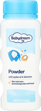 Puder Babydream z jojoba i alantoiną w białej butelce z niebieską nakrętką i grafiką słoni, widok z przodu.