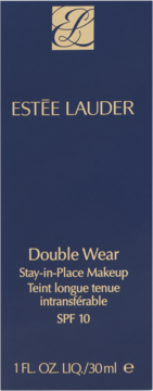 Estée Lauder Double Wear Stay-in-Place Makeup, front of dark blue box with gold text, SPF 10, 30ml.
