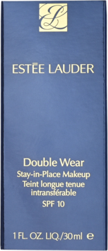 Estée Lauder Double Wear Stay-in-Place Makeup, granatowe opakowanie z złotym logo i tekstem, widok z przodu.