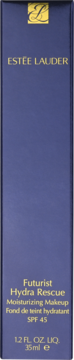 Estée Lauder Futurist Hydra Rescue Moisturizing Makeup SPF 45. Granatowe pudełko z złotym logo i napisem, widok z przodu.