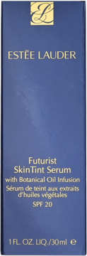 Granatowe opakowanie Estée Lauder Futurist SkinTint Serum SPF 20 z infuzją olejków botanicznych, widok z przodu.