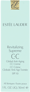 Estée Lauder Revitalizing Supreme CC Creme Global Anti-Aging SPF 10, jasnoniebieskie pudełko, widok z przodu.