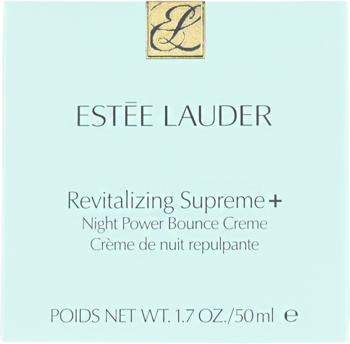 Estée Lauder Revitalizing Supreme+ Night Power Bounce Creme, jasnoniebieskie pudełko z złotym logo.