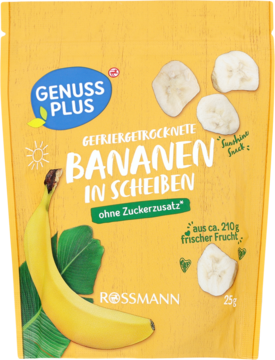 Genuss Plus liofilizowane banany w plastrach, bez cukru, w żółtej torebce z bananem i liściem, widok z przodu.