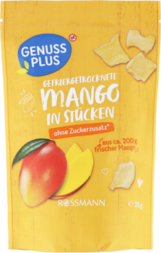 Żółta saszetka Genuss Plus, liofilizowane kawałki mango 25g, bez dodatku cukru, logo Rossmann, widok frontalny.