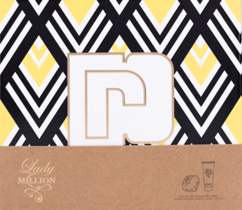 Paco Rabanne Lady Million zestaw. Pudełko z geometrycznym wzorem, logo 'r', napisem i ilustracją perfum i balsamu.