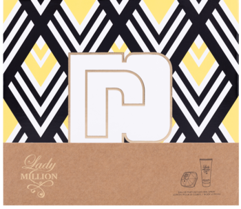 Zestaw Paco Rabanne Lady Million w pudełku z czarno-żółtym geometrycznym wzorem, logo PR i ilustracjami produktów.