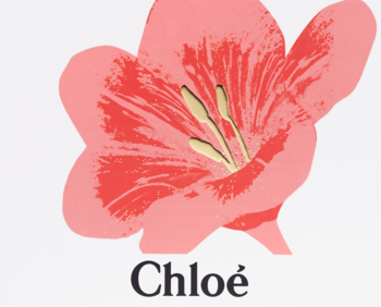 Logo Chloé: różowy kwiat o szerokich płatkach z żółtymi pręcikami, nazwa marki pod spodem na białym tle.