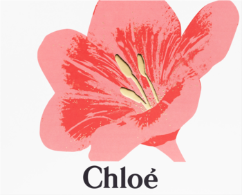 Logo zestawu perfum Chloé Nomade: stylizowany różowy kwiat z żółtymi pręcikami na białym tle, czarny napis Chloé.