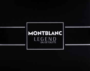 Czarne opakowanie Montblanc Legend Eau de Toilette z białymi napisami i srebrnym prostokątem, widok z przodu.
