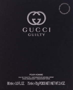 Czarny zestaw zapachowy Gucci Guilty Pour Homme z wodą toaletową 90ml i dezodorantem 75ml, widok z przodu.