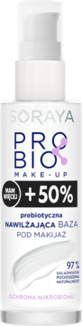 Biała butelka Soraya PRO BIO prebiotycznej bazy pod makijaż z fioletowym logo i napisem, widok z przodu.
