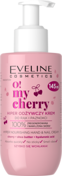 Różowy krem do rąk Eveline O! My Cherry, 145ml, z białą pompką. Widok z przodu. Odżywia, nawilża, z czereśnią.