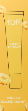 Żółte opakowanie balsamu do ust Fluff Candy Lip Balm Vanilla Glazed Donut z ilustracją tubki.