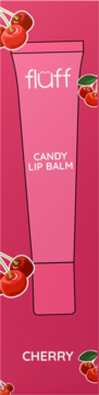 flüff Candy Lip Balm Cherry w różowej tubce, z wizerunkiem wisienek, na magenta tle, widok z przodu.