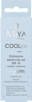 MIYA COOLips ochronne serum do ust SPF 15 w jasnoniebieskim pudełku, widok z przodu, z efektem chłodzenia.