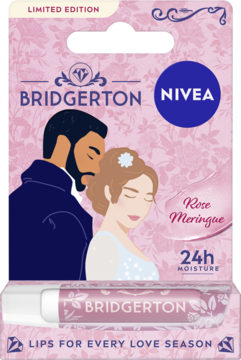 NIVEA Bridgerton Rose Meringue pomadka, limitowana edycja z Daphne i Simonem, różowe opakowanie, widok z przodu.