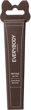 Widok z przodu ciemnobrązowego opakowania tintu do ust Everybody London Peptide Chocolate Brownie z wieszakiem.