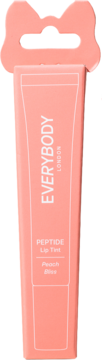 Peptide Lip Tint Peach Bliss EVERYBODY LONDON, brzoskwiniowa tubka z zawieszką w kształcie kokardki, widok z przodu.
