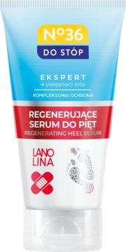 N°36 Regenerujące serum do pięt z lanoliną, biała tuba z niebieskim tłem i czerwonym paskiem, widok z przodu.