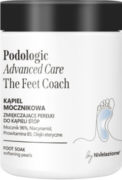 Podologic The Feet Coach Kąpiel Mocznikowa 96%, biały słoik z czarnym wieczkiem, zmiękczające perły do stóp.