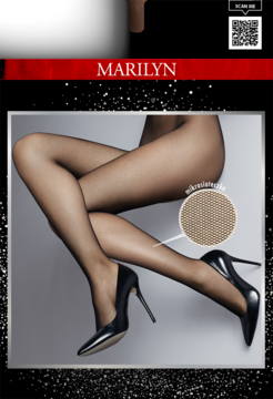 Marilyn: Czarne, półprzezroczyste rajstopy z mikrofibry na nogach modelki w szpilkach, zbliżenie na teksturę.