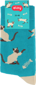 Turkusowe skarpety damskie Eloy, rozmiar 35-40, ze wzorem w beżowo-brązowe koty syjamskie i ości ryb.