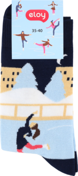 Skarpetki damskie Eloy, rozmiar 35-40. Granatowe z wzorem łyżwiarki na lodzie i zimowym krajobrazem.