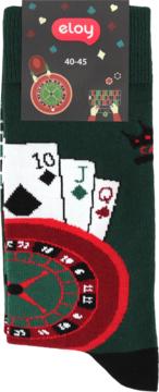Skarpetki męskie Eloy z motywem kasyna: karty do gry i ruletka, w zielono-czerwonych barwach, rozmiar 40-45.