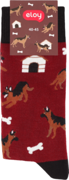 Skarpetki męskie Eloy, bordowe z czarno-brązowymi psami German Shepherd, kośćmi i budami, rozmiar 40-45.