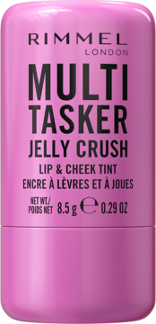 Rimmel Multi-Tasker Jelly Crush Lip & Cheek Tint w różowym opakowaniu, z przodu widoczny czarny tekst, pionowe ujęcie.