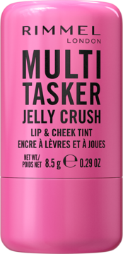 Rimmel Multi-Tasker Jelly Crush tint w różowym cylindrycznym opakowaniu, widok z przodu, z czarnym napisem.