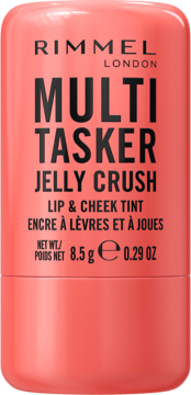 Rimmel Multi-Tasker Jelly Crush, koralowy tint do ust i policzków, cylindryczne opakowanie z czarnym napisem, widok frontalny.