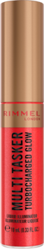 Rimmel Multi Tasker Turbocharged Glow, płynny rozświetlacz w koralowej butelce z miedzianą zakrętką, widok z przodu.