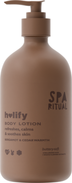 Holify Body Lotion 'Bergamot & Cedar Warmth', buttery-soft, w brązowej butelce z pompką, widok z przodu.
