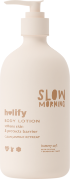 Holify Slow Morning balsam do ciała Clean Jasmine Retreat, beżowa butelka z pompką, widok z przodu.
