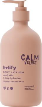 Holify CALM VELVET body lotion, pink matte bottle with pump, 'Midnight Orchid Haze', for comfy skin & deep hydration.