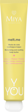 Żółta tuba masła do ciała Miya melt.me, nawilżająco-kojącego z prebiotykami, widok z przodu.