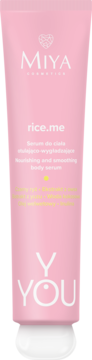 MIYA Y.YOU rice.me otulająco-wygładzające serum do ciała, różowa tubka z białymi napisami, widok z przodu.