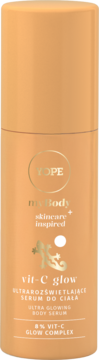 Pomarańczowa, cylindryczna butelka YOPE vit-C glow, serum do ciała z 8% kompleksem witaminy C, widok z przodu.